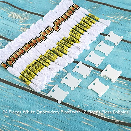24 Skeins White Embroidery Threads Cotton Embroidery Floss With 12 Pcs Bobbins